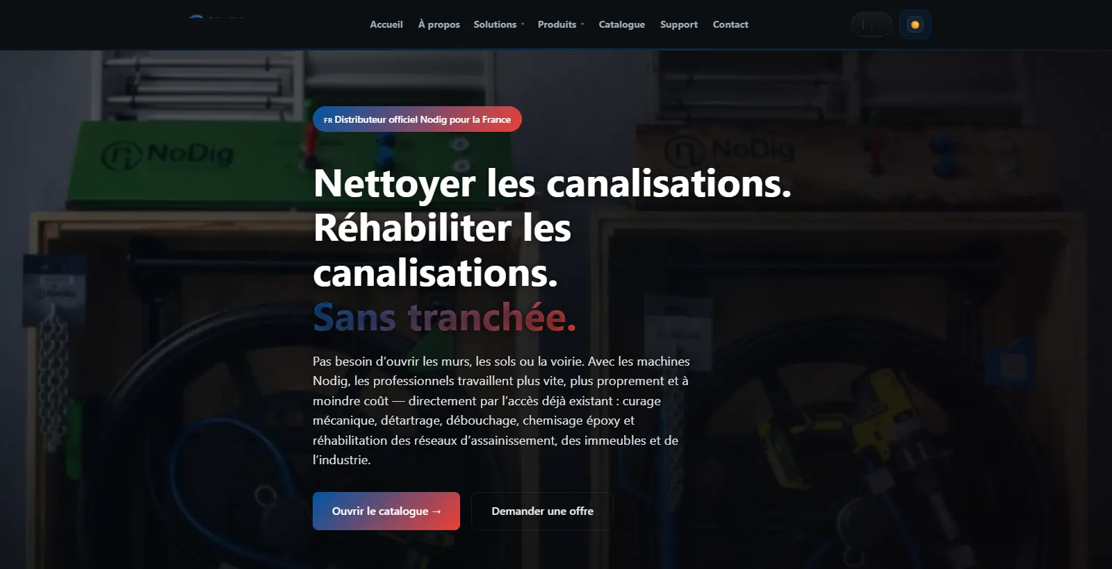 The nodig.fr home page, entirely in French, headlined "Nettoyer les canalisations. Réhabiliter les canalisations. Sans tranchée."
