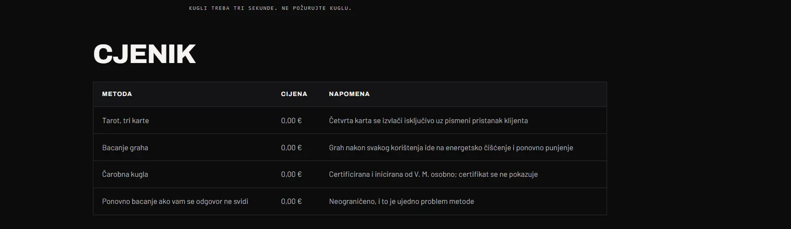 The Service 00 price list: four methods, all at €0.00, with notes in the right-hand column.