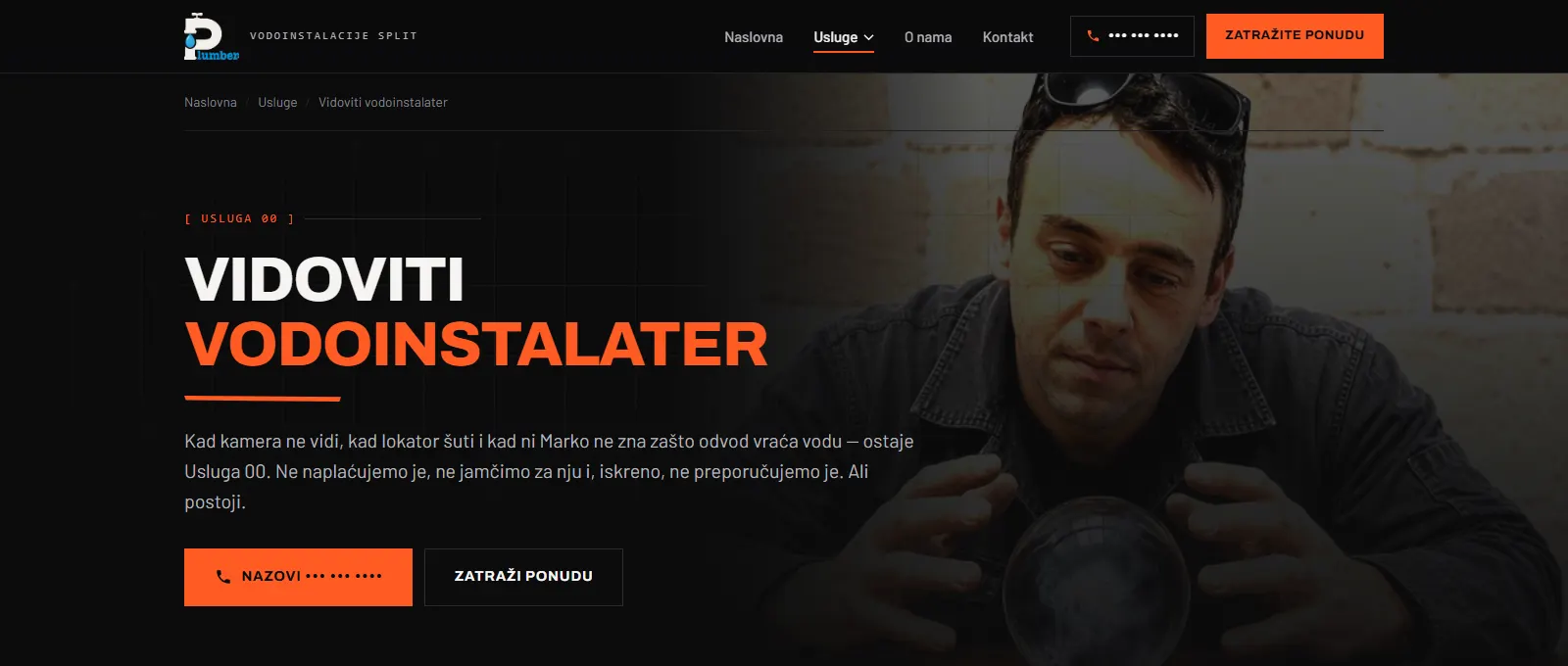The Service 00 page — The Clairvoyant Plumber — showing a plumber with his hands around a glass ball.