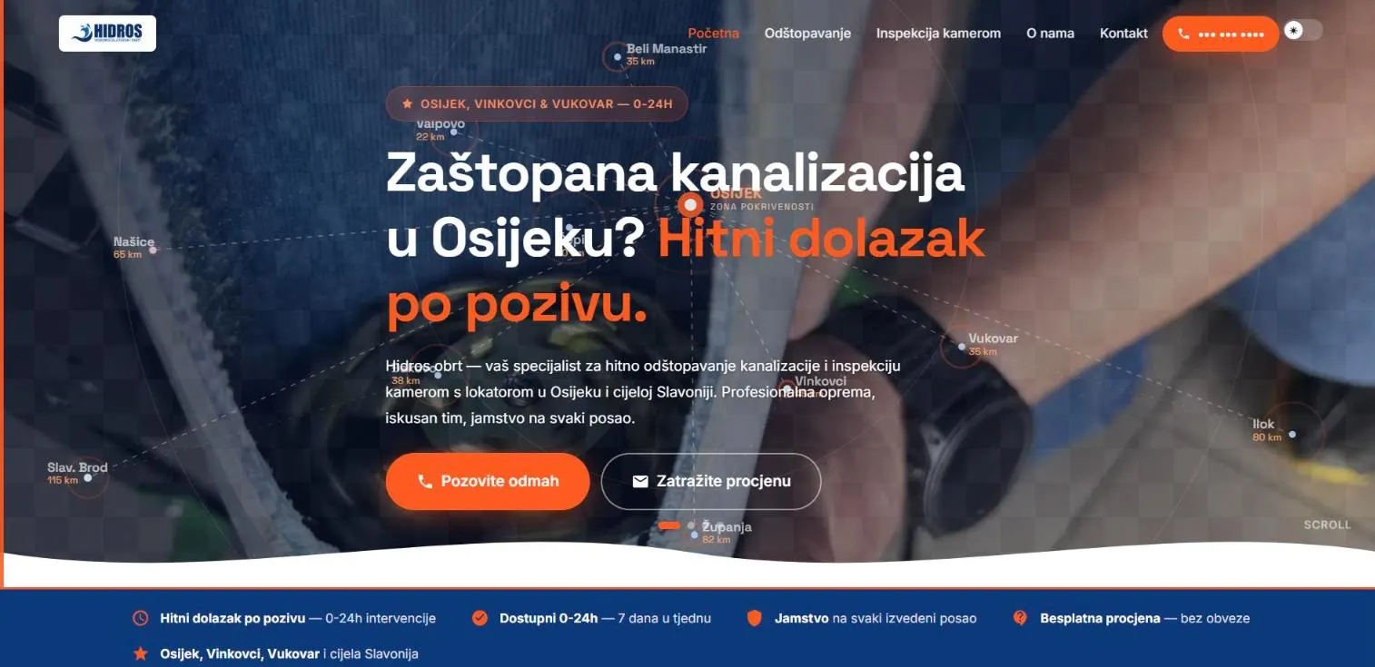 Naslovnica Hidrosa: tamni hero s kartom pokrivenosti Osijeka i okolnih mjesta.